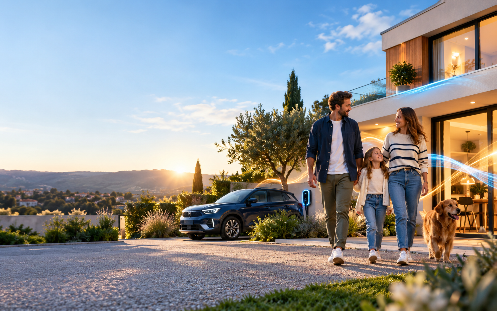 Une famille devant sa maison avec son véhicule, représentant les besoins du quotidien